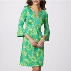 Lilly Pulitzer Twyla Silk Dress Lime Green Blue Floral Bell Sleeve Mini Size XS